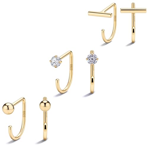 925 Sterling Silver 14K Gold Plated Huggie Half Hoop Earrings | Sleep-Friendly Poke-Free Hypoallergenic Stackable Earring Comfortable & All Day Wear - color: 3pack-Yellow Gold