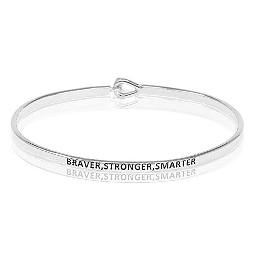 SM Inspirational Positive Message Engraved Thin Cuff Bangle Bracelets for Women (Braver,Stronger,Smarter - Silver)