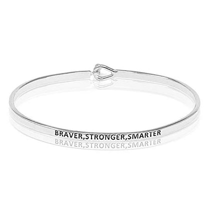 SM Inspirational Positive Message Engraved Thin Cuff Bangle Bracelets for Women (Braver,Stronger,Smarter - Silver)