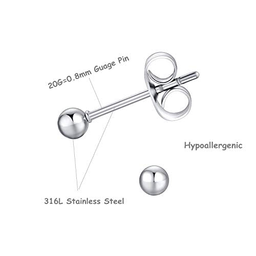 FOSIR 6 Pair Tiny Women 14K Gold Plated Ball Stud Earrings Surgical Stainless Steel Earrings Set, 2-6MM - style: silver-6pair,3mm