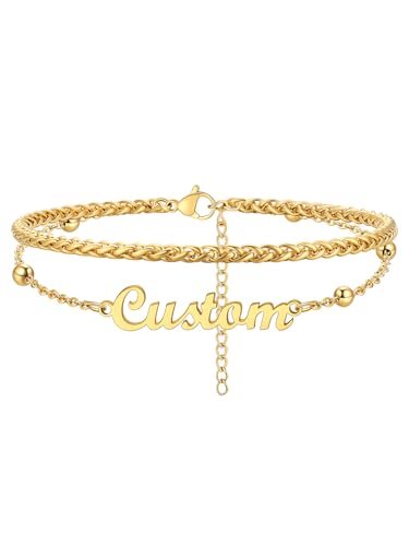 Custom4U Custom Name Anklet Bracelets for Women Waterproof Beaded/Figaro/Cuban/Rope/Wheat Chain Anklet Stackable Gold Plated Non Tarnish Custom Beach Gift Barefoot Summer Jewelry for Her - color: D01-Gold Wheat Chain