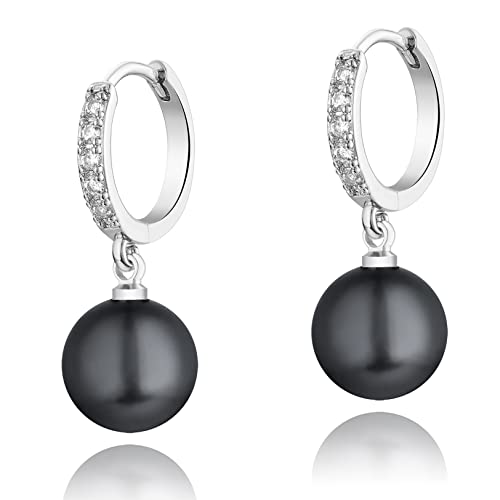 CERSLIMO Pearl Drop Earrings for Women | S925 Sterling Silver Post Simulated Shell Pearl Hoop Dangle Earrings, Hypoallergenic Cubic Zirconia Huggies Earrings Bridesmaid Jewelry - style: 01 Black-Round