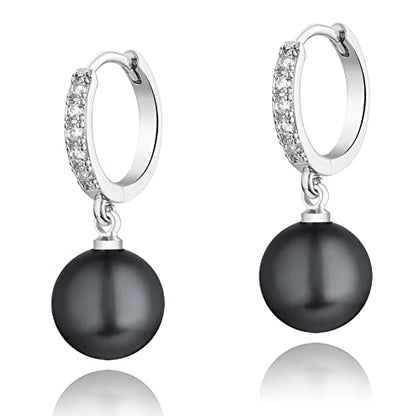 CERSLIMO Pearl Drop Earrings for Women | S925 Sterling Silver Post Simulated Shell Pearl Hoop Dangle Earrings, Hypoallergenic Cubic Zirconia Huggies Earrings Bridesmaid Jewelry - style: 01 Black-Round