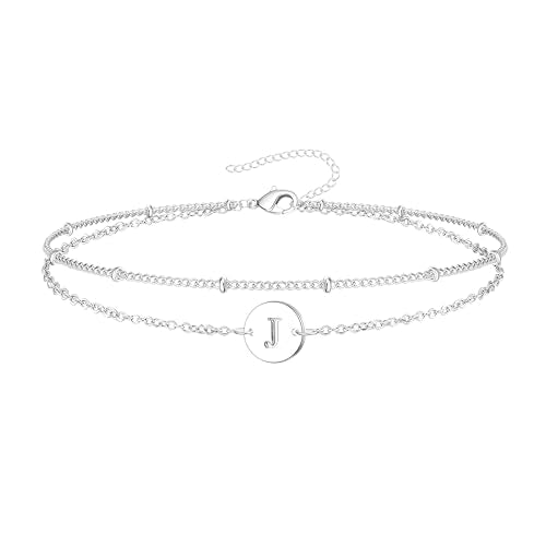 Inerney Personalized Gold Initial Bracelets for Women - Dainty 14K Gold Plated Layered Disc Monogram Charm Bracelet, Customizable A-Z Letter Jewelry Gift for Her - color: J, size: 8.5 inches silver