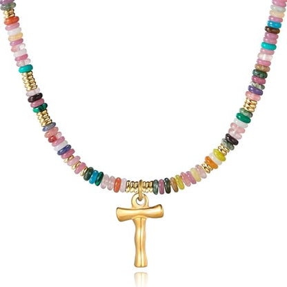 YOUFENG Initial Letter Necklaces for Women Colorful Beaded Gemstone Choker 14K Gold Plated Bamboo Letter Pendant Necklace Natural Stone Handmade Jewelry Gift - color: T