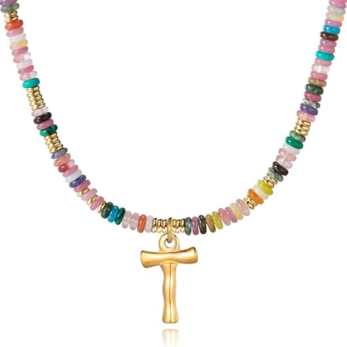 YOUFENG Initial Letter Necklaces for Women Colorful Beaded Gemstone Choker 14K Gold Plated Bamboo Letter Pendant Necklace Natural Stone Handmade Jewelry Gift - color: T