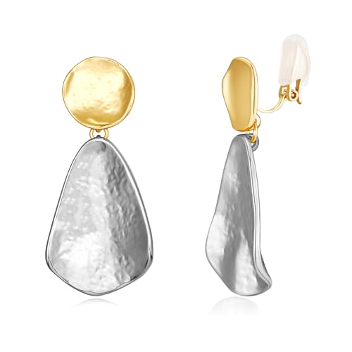 YUJIE Clip On Earrings for Women Dangle Hammered Geometric Earrings Gold Plated Jewelry - color: two tone