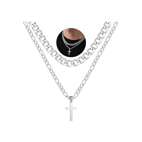 WEDDINEN Cross Necklace for Men Boys, Stainless Steel Layered Cross Pendant Cuban/Figaro Chains Christmas Jewelry Gifts - color: Silver, size: 20in/22in