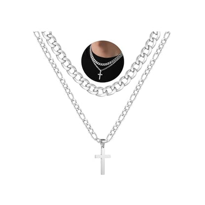 WEDDINEN Cross Necklace for Men Boys, Stainless Steel Layered Cross Pendant Cuban/Figaro Chains Christmas Jewelry Gifts - color: Silver, size: 20in/22in
