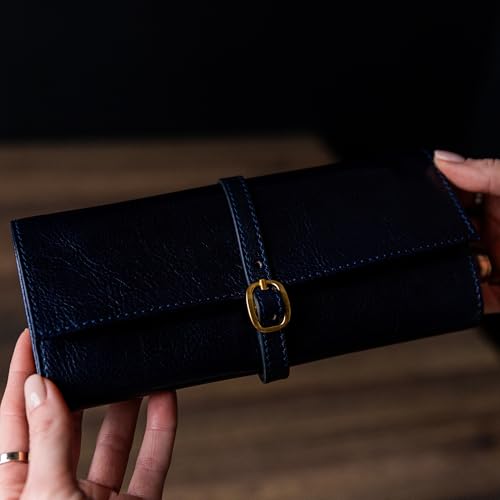 Time Resistance Leather Jewelry Roll - Full Grain Leather Travel Jewelry Case - Jewellery Organizer Made in Italy (Blue) - color: Blue