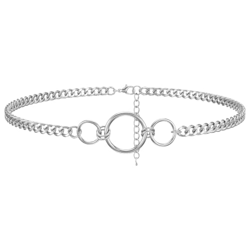 Stainless Steel O-Ring Choker Collar for Women, Silver Collar Necklace | Cuban Link Chain Collar Necklace for Women, Adjustable Length 14 to 17 Inches, 8mm Width, 20mm Large O-Ring Collar for Women