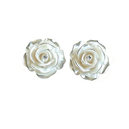 Clip-On Earrings for Womem Flower Faux Pearl Non Piercing Earrings Jewelry - color: White Rose
