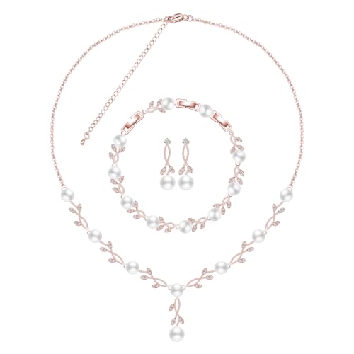 Jewelry Set for Women Bride Bridesmaid Wedding Party Prom Necklace Earrings Bracelet Set Gift for Mother Wife Friend - color: Rose Gold-White Pearl