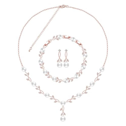 Jewelry Set for Women Bride Bridesmaid Wedding Party Prom Necklace Earrings Bracelet Set Gift for Mother Wife Friend - color: Rose Gold-White Pearl