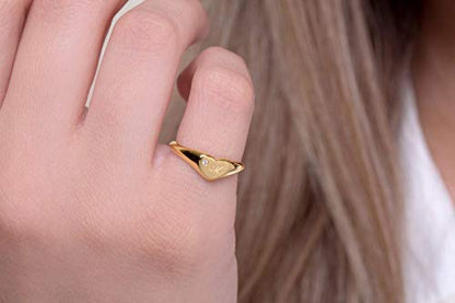 Women Heart-shaped ring in solid Gold 9k, 14k, & 18k, Heart Signet for pinky finger, Initial engraved chevalier ring, Unique love gift, RN310