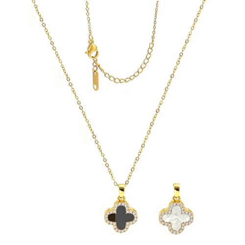 Four Leaf Clover Necklace 18K Gold Plated Necklaces for Women Lucky Flower Pendant Adjustable Link Chain Stainless Steel Dainty Trendy Simple Jewelry Gifts for Women - color: 1G-White+Black