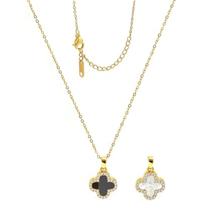 Four Leaf Clover Necklace 18K Gold Plated Necklaces for Women Lucky Flower Pendant Adjustable Link Chain Stainless Steel Dainty Trendy Simple Jewelry Gifts for Women - color: 1G-White+Black