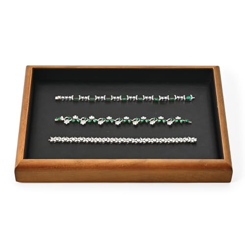Solid Wood Stackable Flat Jewelry Display Tray | Solid wood frame & soft scratch-proof PU lining, stackable flat tray for home drawer & retail jewelry display - color: Black, size: Flat Tray