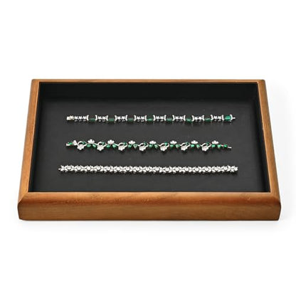 Solid Wood Stackable Flat Jewelry Display Tray | Solid wood frame & soft scratch-proof PU lining, stackable flat tray for home drawer & retail jewelry display - color: Black, size: Flat Tray