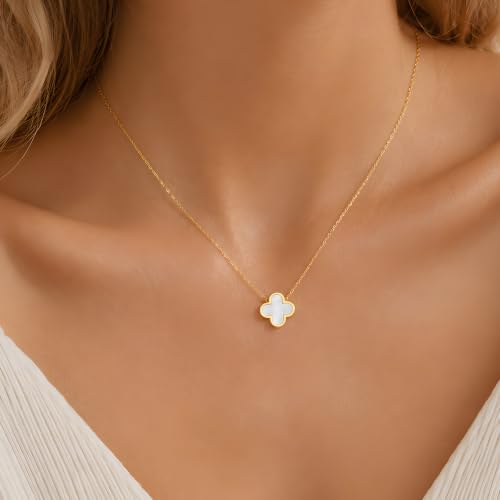 Clover Necklace Bracelet and Stud Earrings Jewelry Sets for Women | 18K Gold Plated Stainless Steel, Black/White Four Leaf Clover set,Christmas Birthday Lucky Gifts for Mom Wife Girlfriend - color: Gold White 3PCS