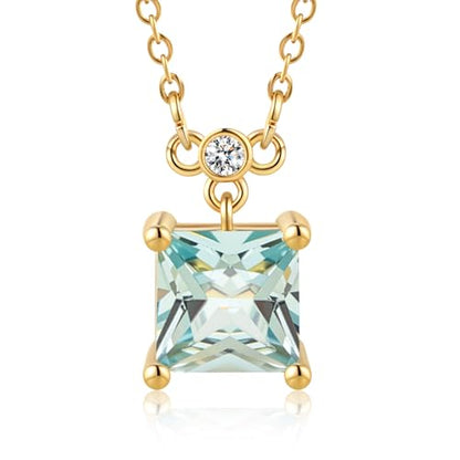 18K Gold-Plated Non Tarnish Birthstone Necklace for Women, 5A Princess Cut Cubic Zirconia Pendant, Birthday Anniversary Valentine's Gift, 18-20 Inches - color: 3-Mar-Light Sea Blue