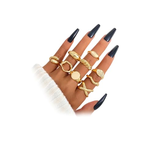 Chunky Rings for Women Non Tarnish 14k Stackable Dome Statement Rings Sets Vintage Dainty Knuckle Open Midi Finger Rings Jewelry Pack Gifts - style: 9PCS