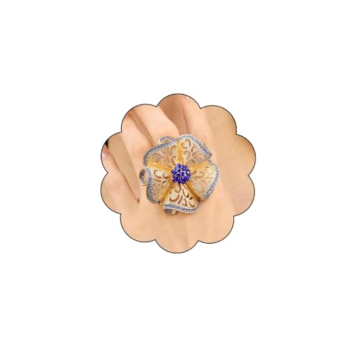 Elegant Big Crystal Flower Ring for Women Gold Rhinestone Floral Rings Open Finger Adjustable Crystal Flower Statement Ring Jewelry for Bridal Wedding - color: Flower 1 - blue