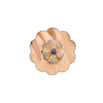 Elegant Big Crystal Flower Ring for Women Gold Rhinestone Floral Rings Open Finger Adjustable Crystal Flower Statement Ring Jewelry for Bridal Wedding - color: Flower 1 - blue