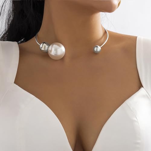 14K Gold Plated Large Pearl Open Necklace for Women | Simple Statement Pearl Open Geometric Bead Choker Necklace Modern Party Anniversary Club Jewelry Gifts - color: Silver
