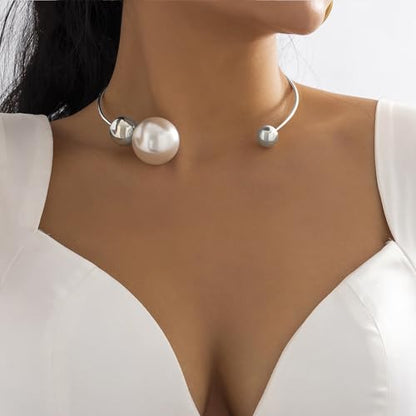 14K Gold Plated Large Pearl Open Necklace for Women | Simple Statement Pearl Open Geometric Bead Choker Necklace Modern Party Anniversary Club Jewelry Gifts - color: Silver