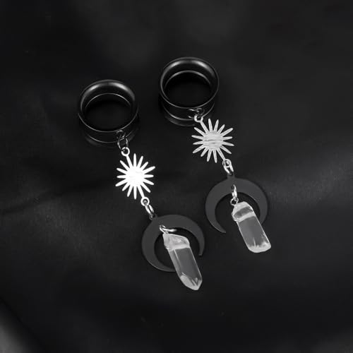 2PCS Moon-Pendant Natural Stone Stainless Steel Dangle Ear Plugs Tunnels Stretcher Piercing Body Jewelry - size: 6mm(2G)