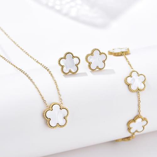 Clover Neckalce Earring Set for Women 14K Gold Plated Stainless Steel Four Leaf Clover Jewelry Set - color: G-White