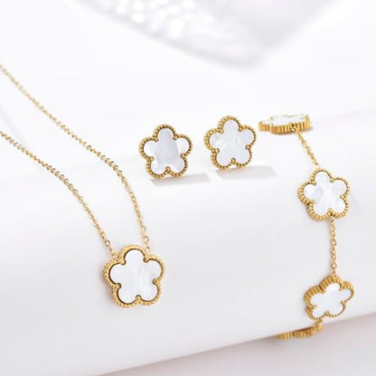 Clover Neckalce Earring Set for Women 14K Gold Plated Stainless Steel Four Leaf Clover Jewelry Set - color: G-White