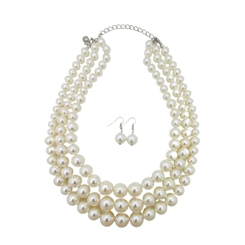 Simulated Pearl Necklace & Earring Set, Multi Strand - color: Cream