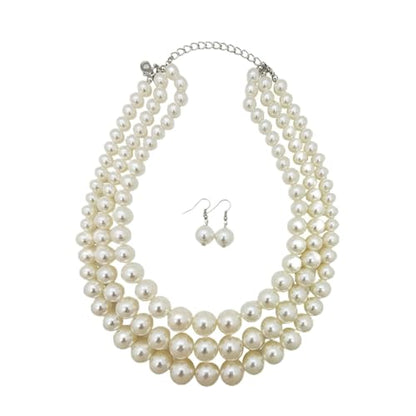 Simulated Pearl Necklace & Earring Set, Multi Strand - color: Cream