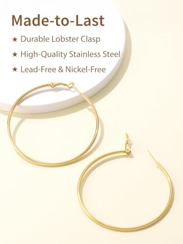 FindChic Thin Hoop Earrings for Women,Silver/Black/Gold Plated 20-100mm - color: Gold, size: 60mm