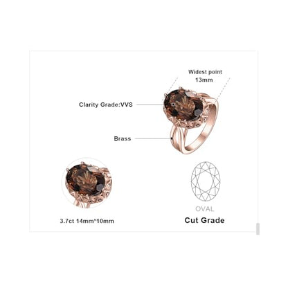 JewelryPalace Huge Oval Shape 5.7ct Genuine Smoky Quartz Cocktail Rings for Her, 14K White Yellow Rose Gold Plated 925 Sterling Silver Ring for Women, Natural Gemstone Jewelry Sets Rings - color: 3-Rose Gold Plated Brass