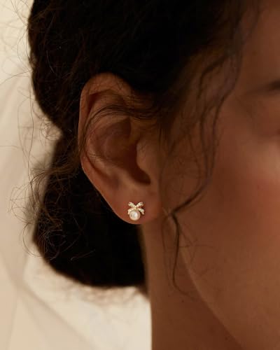 Stud Earrings for Women- 14K Gold/White Gold Plated/Black Bow Dragon Softball Snake Bat Stud Earrings - color: Bow Pearl