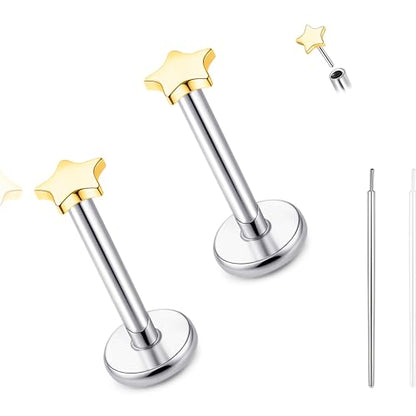 limerencia Titanium Threadless Flat Back Earrings Stud Piercing Jewelry | 20G Press Fit Titanium Push Pop in Cartilage Tragus Labret Lip Medusa Conch Piercing Jewelry Hypoallergenic for Women Men - style: Star Gold