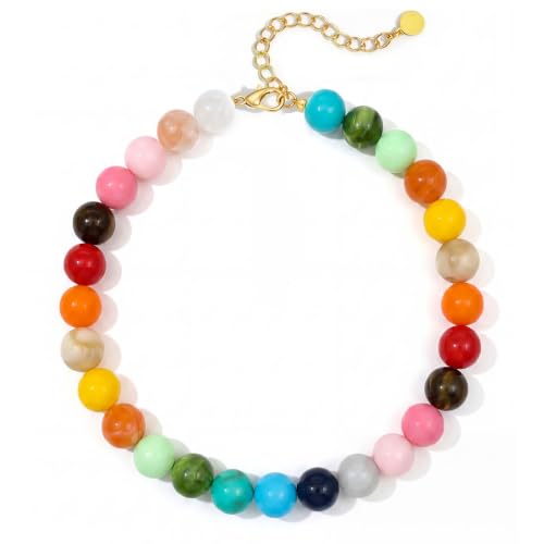 Multicolor Chunky Beaded Necklace, Statement Colorful Round Ball Beads Choker Necklace with Gold-Tone Adjustable Chain, Fashion Bold Neck Jewelry for Women - color: 16mm-Colorful
