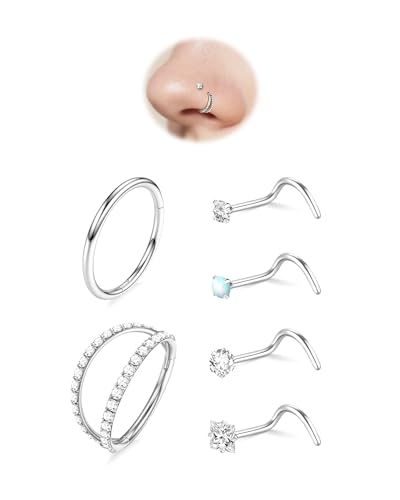 davka Nose Ring Set, 18G Hinged Hoop 8mm & 20G Nose Studs, Stainless Steel & Gold Plated, Hypoallergenic, Multiple Styles Nose Piercing Jewelry - color: Silver/Double Row CZ/18g 8mm hoops/Corkscrew studs