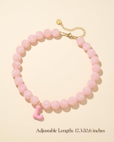 DoDoBeads Chunky Colorful Beaded Initial Necklace, Bubble Letter Choker | Gift box and dust pouch included; waterproof and sweat-resistant with real gold plated stainless steel hardware - color: Pink-L