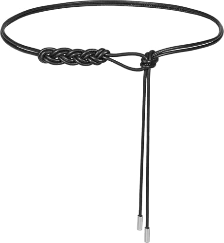 Women's Knotted Thin Waist Belt PU Leather Skinny Belts for Dresses Pants - color: Plaited Hair-black