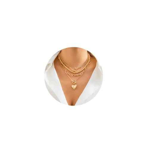 4pcs Layered Gold Necklace for Women NonTarnish Chunky Gold Necklace Retro Coin Heart Pendant Necklace Paperclip Chain Jewelry Set - color: Gold