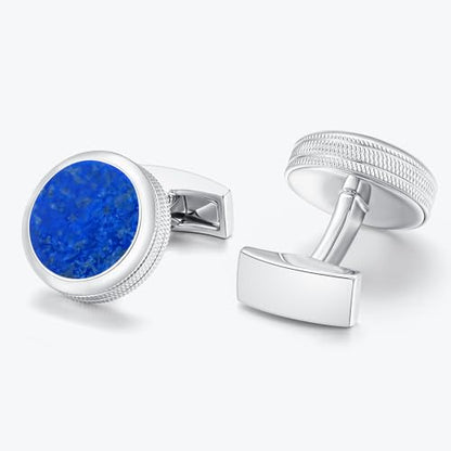 Mr.Van Men's Round Cufflinks, Classic Rhodium Plated Brass Cuff Links for Dress Shirt, Wedding, Business, Formal Occasions - color: Lapis lazuli