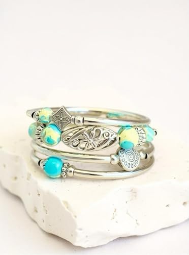Boho Wrap Beaded Bracelet for Women – Handmade Natural Stone Jewelry – Stainless Steel Adjustable Ethnic Chic Gift - color: Lan Di Royal
