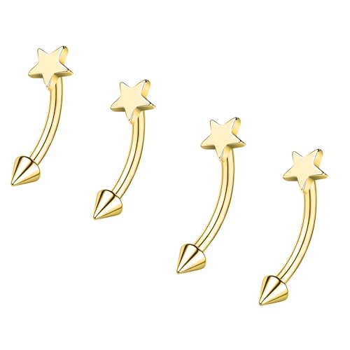 ZS 2 Pairs Stainless Steel Eyebrow Rings, 16G Curved Belly Rings Navel Barbell Helix Daith Tragus Earrings, 8/10mm Spike Vertical Labret Lip Piercing Jewelry - color: Gold,Star-L:8/10mm