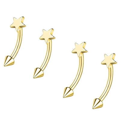 ZS 2 Pairs Stainless Steel Eyebrow Rings, 16G Curved Belly Rings Navel Barbell Helix Daith Tragus Earrings, 8/10mm Spike Vertical Labret Lip Piercing Jewelry - color: Gold,Star-L:8/10mm