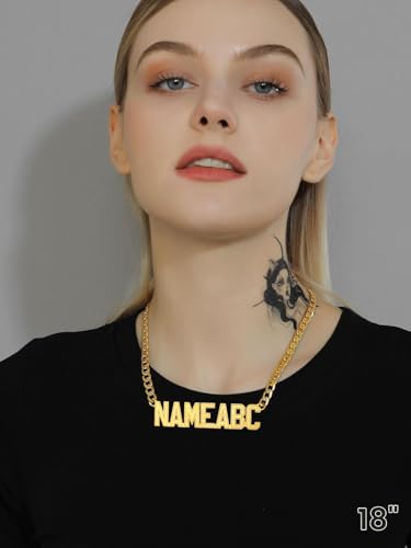 GoldChic JEWELRY Name Necklace Personalized for Men, Womens Custom Name Plate Chain, Stainless Steel Customized Old English Nameplate Choker with Curb Chains Custom, 16 inches to 30 inches - color: Cuban Chain 6 mm- Gold(Large Pendant)