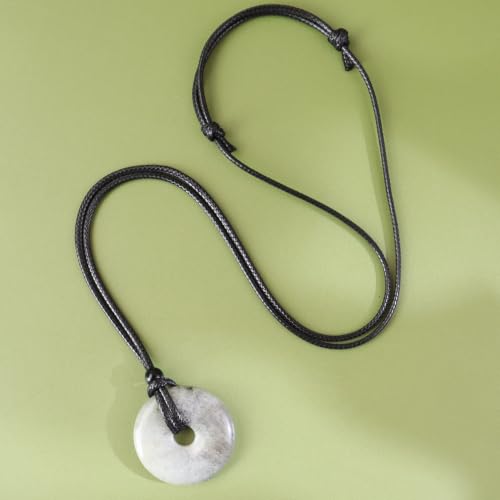 Anjiucc Natural Gemstone Pendant Necklce Lucky Coin Crystal Necklace Donut Pendnat with Adjustable Rope Healing Crystal for Men - color: White Spectrolite